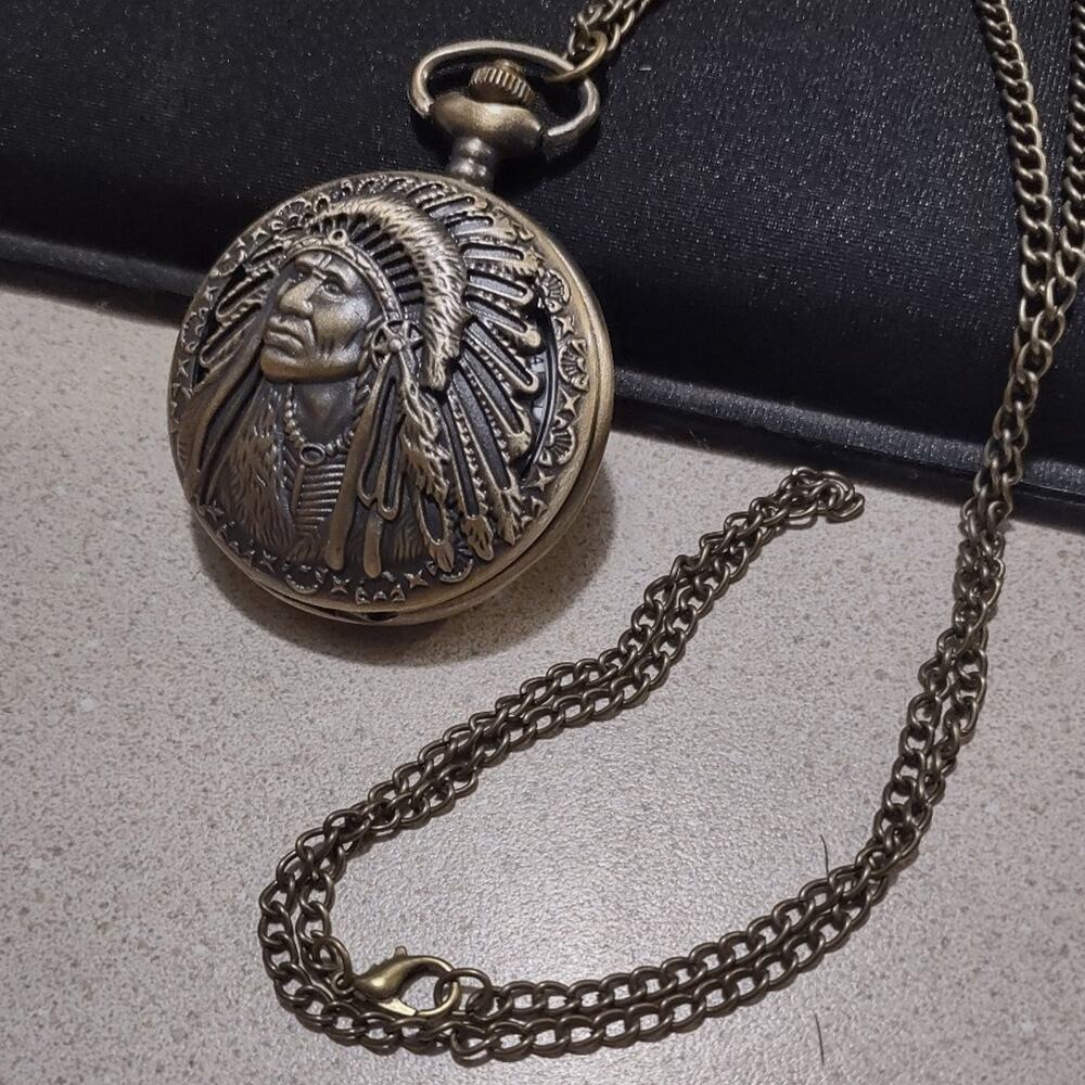 Native American Indian Chief Gold Pocket Watch / Necklace Valentine's Gift NEW